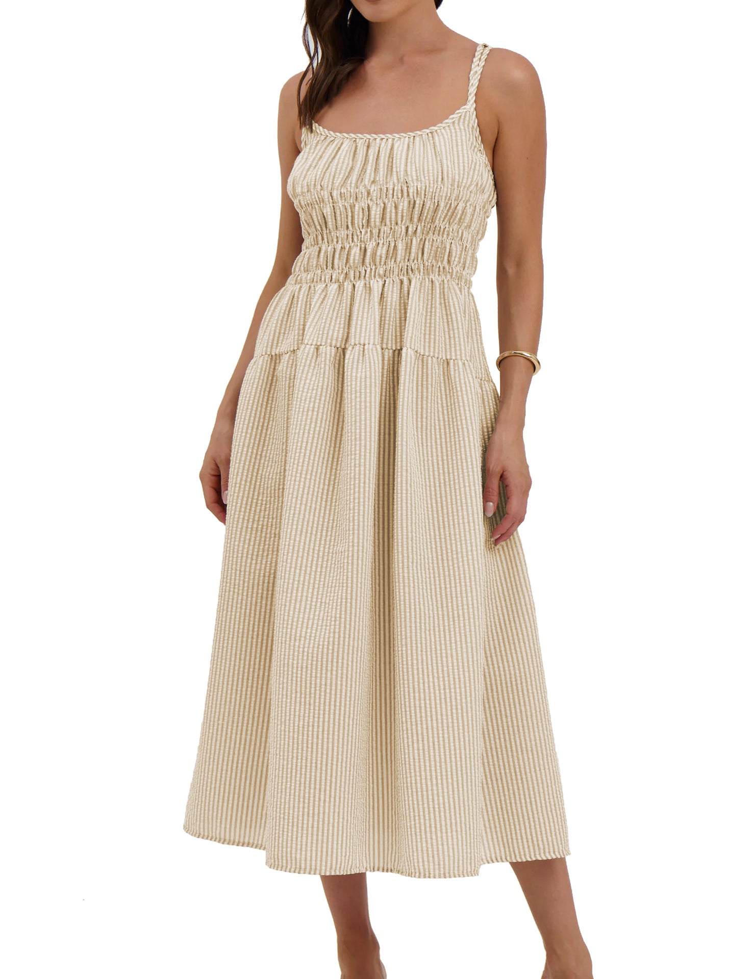 Women's Striped Strappy Waist-Cinching Slimming Dress