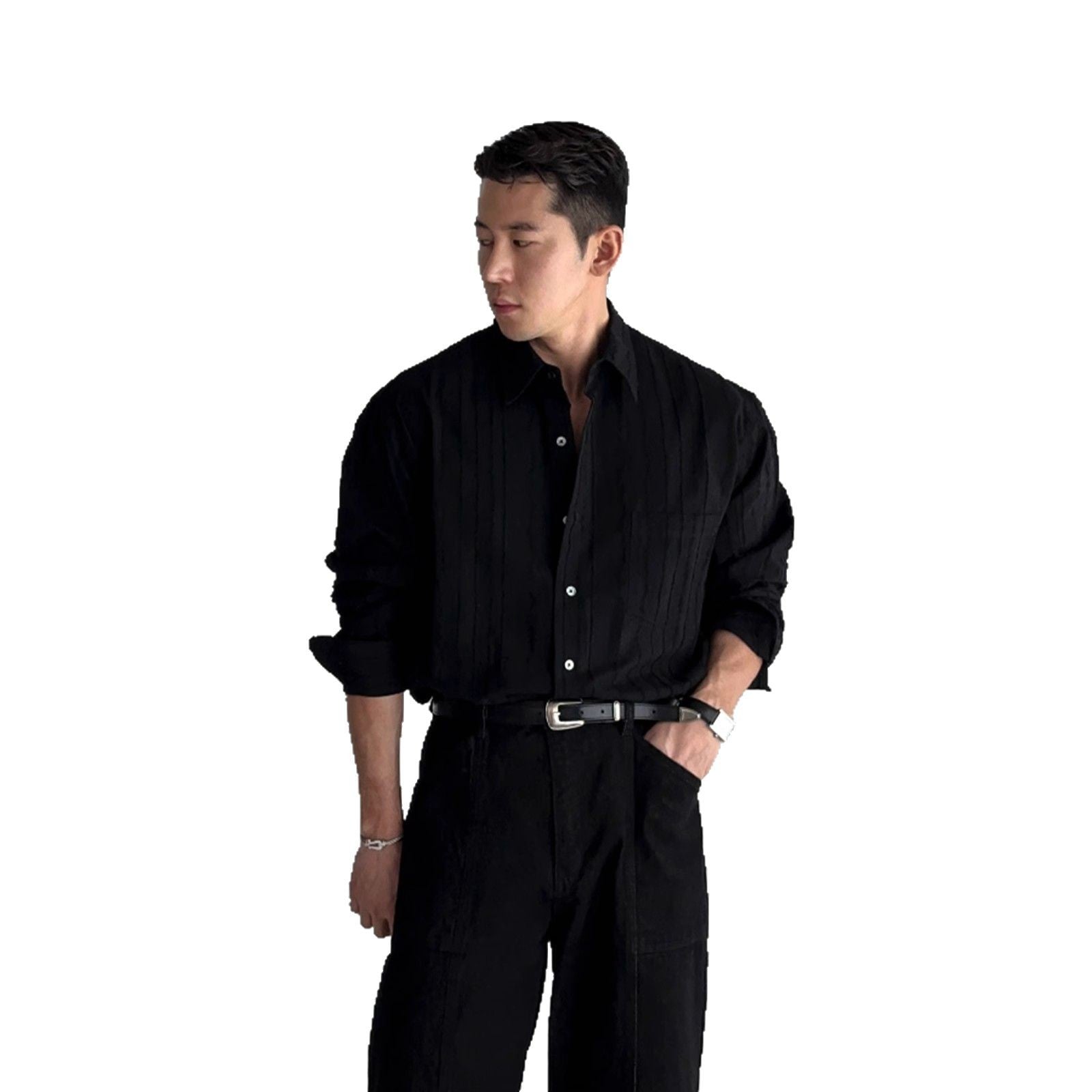 New High-end Textured Wide Solid Color Thin Pocket Long Sleeve Shirt