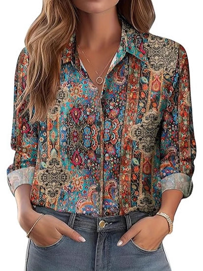 Women's European And American Versatile Printed Casual Lapel Long-sleeve Shirt