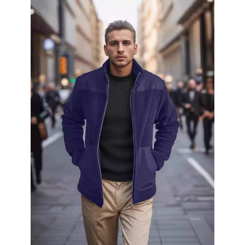 Men's Fleece Patchwork Color-Block Stand-Up Collar Fashion Jacket