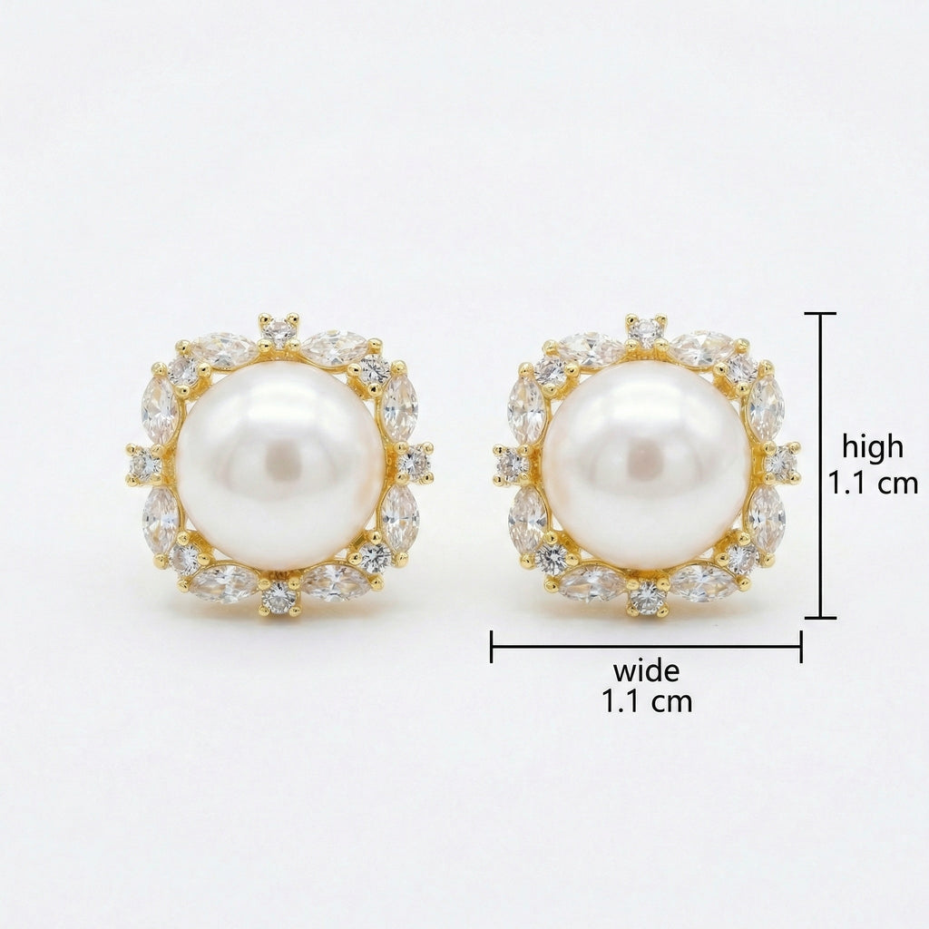 925 Sterling Silver Elegant White Pearl Stud Earrings with Marquise and Round Zirconia Square Halo Settings