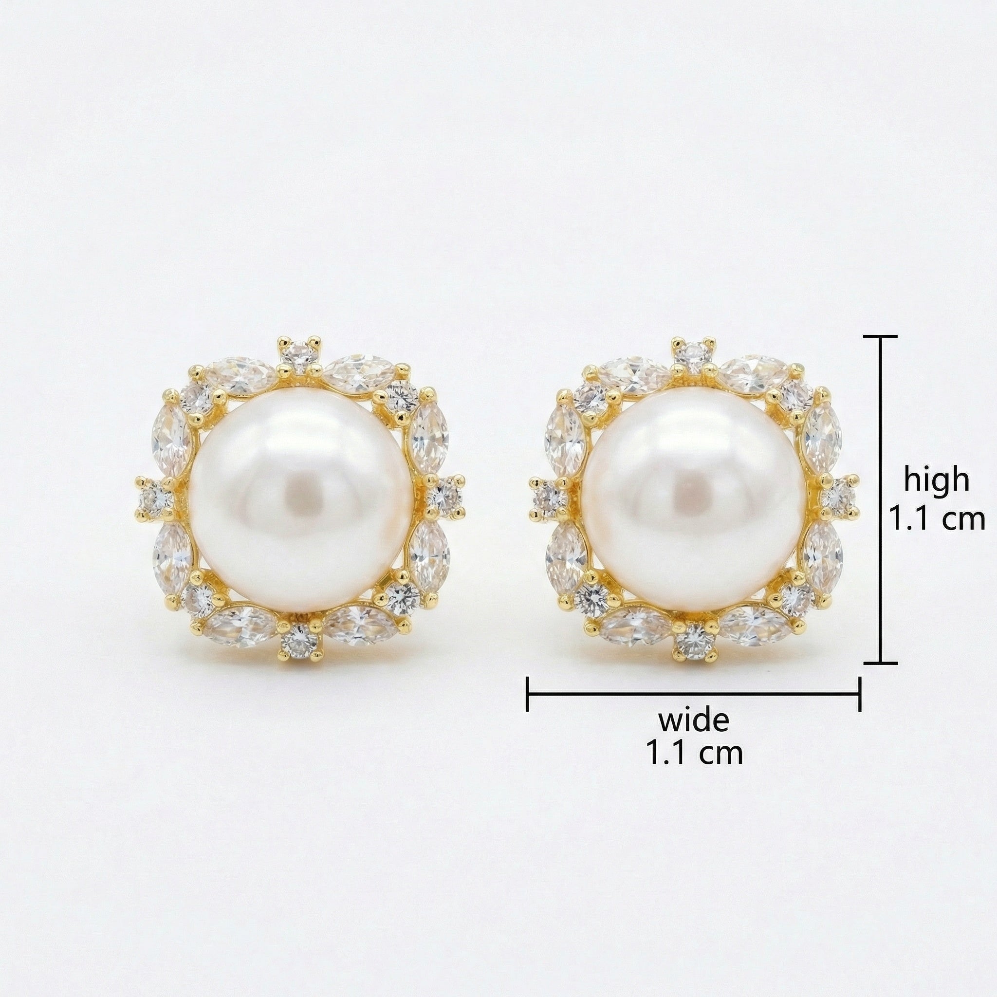 925 Sterling Silver Elegant White Pearl Stud Earrings with Marquise and Round Zirconia Square Halo Settings