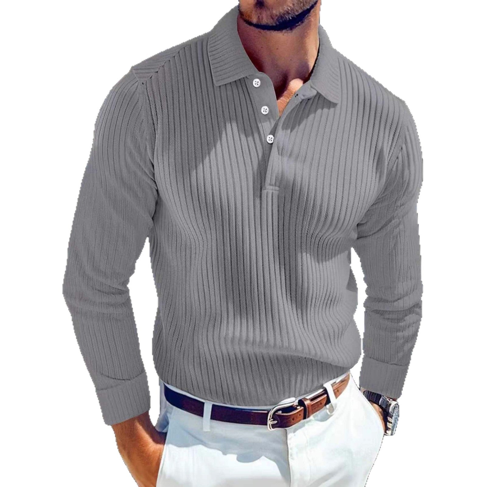 Men's T-shirt With A Turn-down Collar, Buttoned Long-sleeve Polo Shirt
