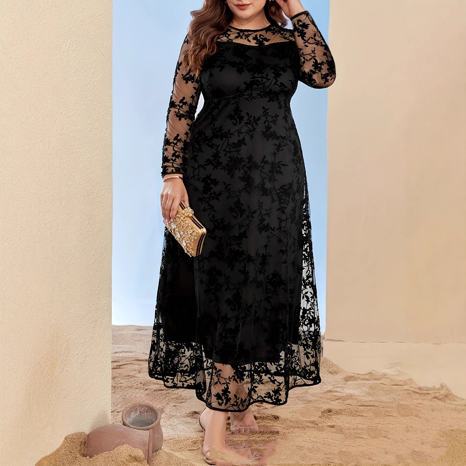 Womens Square-Neck Lace Jacquard Long-Sleeve Dress With Ties