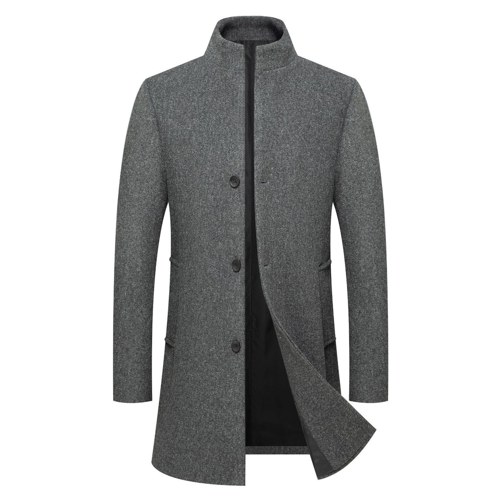 Men's Stand-collar Mid-length Solid-color Wool Coat