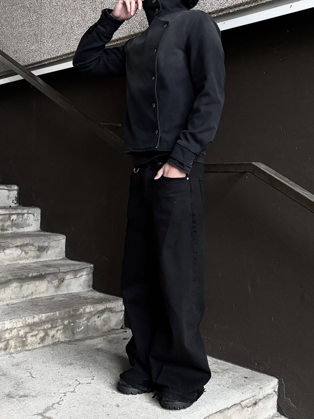 Black Asymmetrical Button Stand Collar Jacket