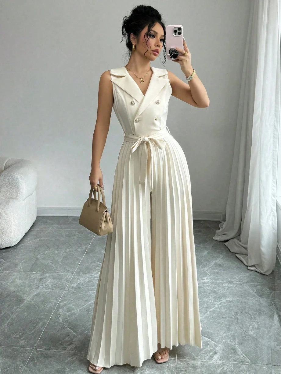 Suit Collar Bow Tie Belted Waist Pleated Jumpsuit