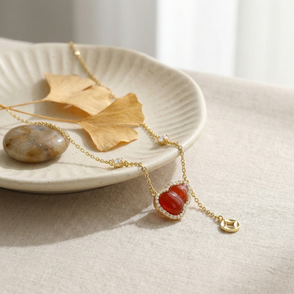 925 Sterling Silver Elegant Red Carnelian Hulu Pendant Necklace with Shimmering Accents and Coin Charm