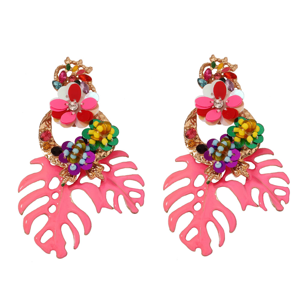 Fashionable Exaggerated Alloy Leaf Earrings With Colorful Rhinestones For Women