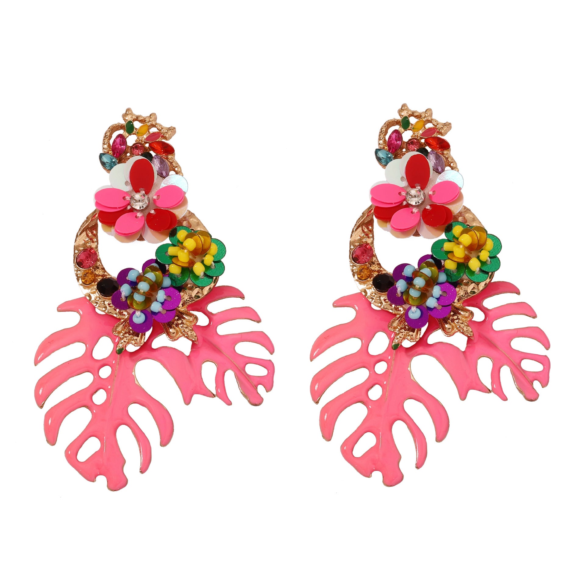 Fashionable Exaggerated Alloy Leaf Earrings With Colorful Rhinestones For Women
