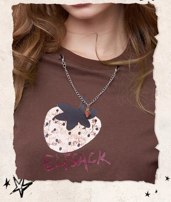 Berry Heart Berry Lung False Two-Piece Retro Strawberry Print Long Sleeve T-Shirt Women's Design Sense Top