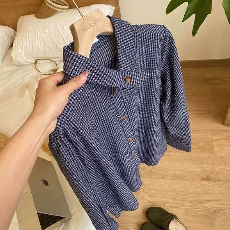 Blue Plaid Shirt Knitted Vest Two-piece Casual