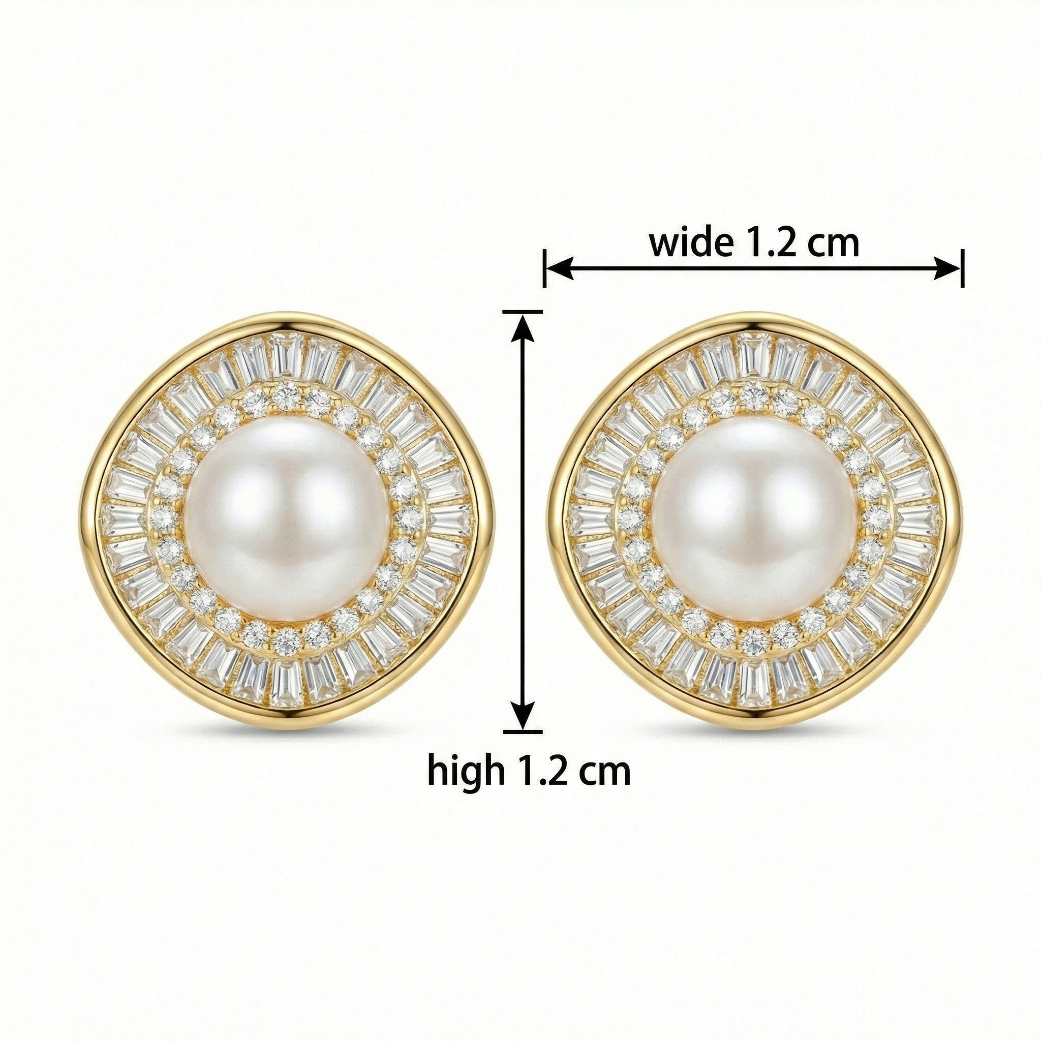 925 Sterling Silver Elegant Pearl Stud Earrings with Baguette and Round Diamond Sunburst Halo