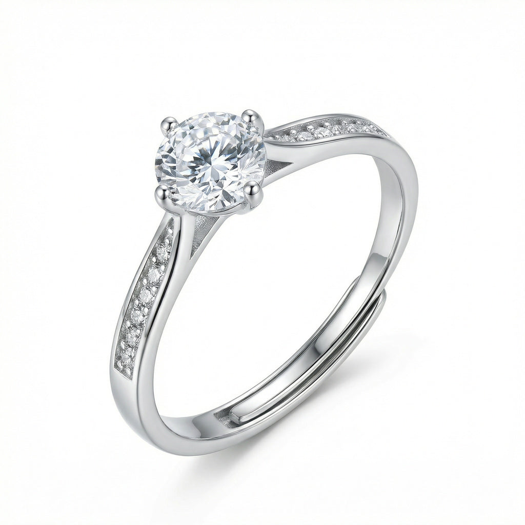 925 Sterling Silver Elegant Round Cut Solitaire Ring with Sparkling Diamond Accents and Adjustable Band