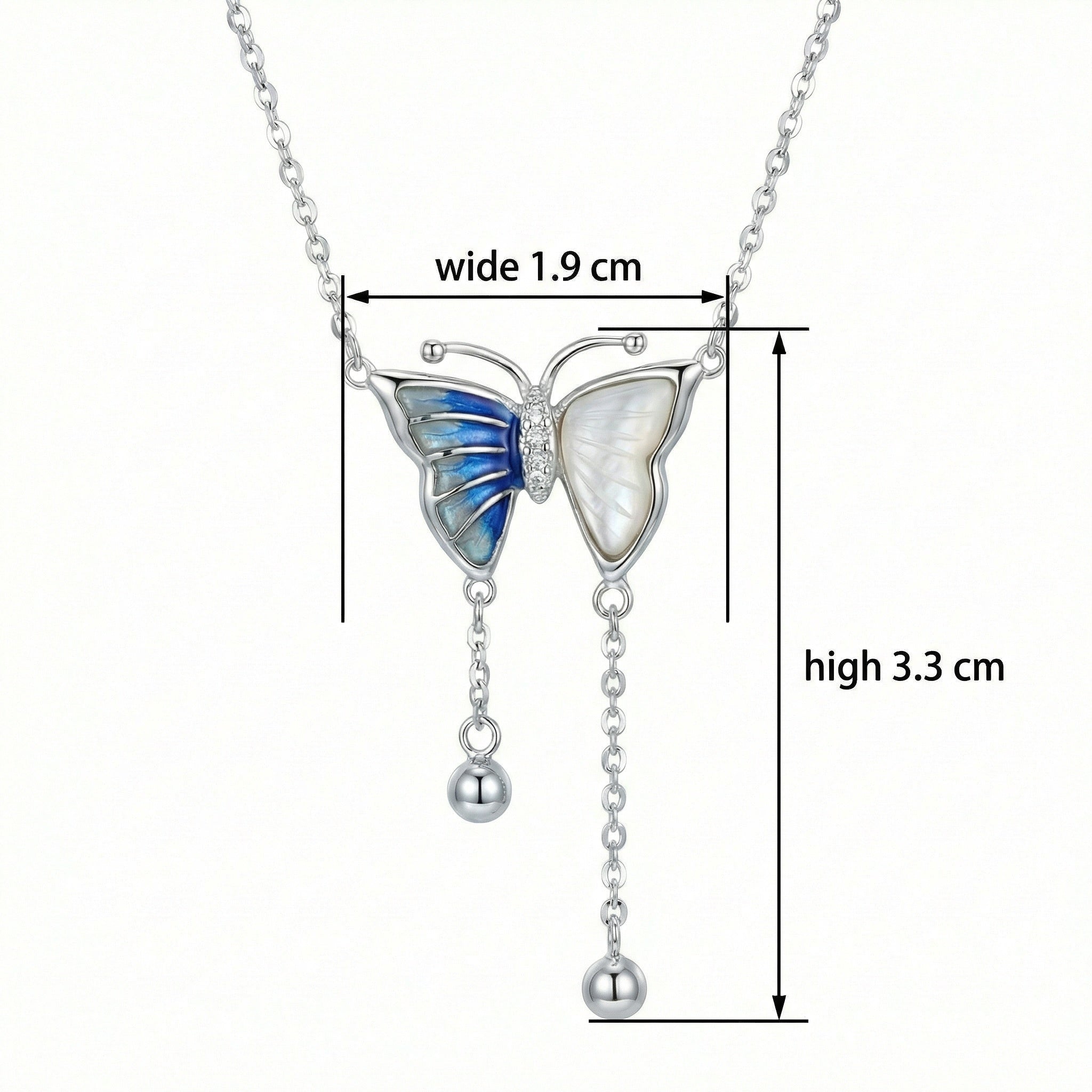 925 Sterling Silver Elegant Silver Butterfly Necklace with Blue Enamel and Mother-of-Pearl Accents
