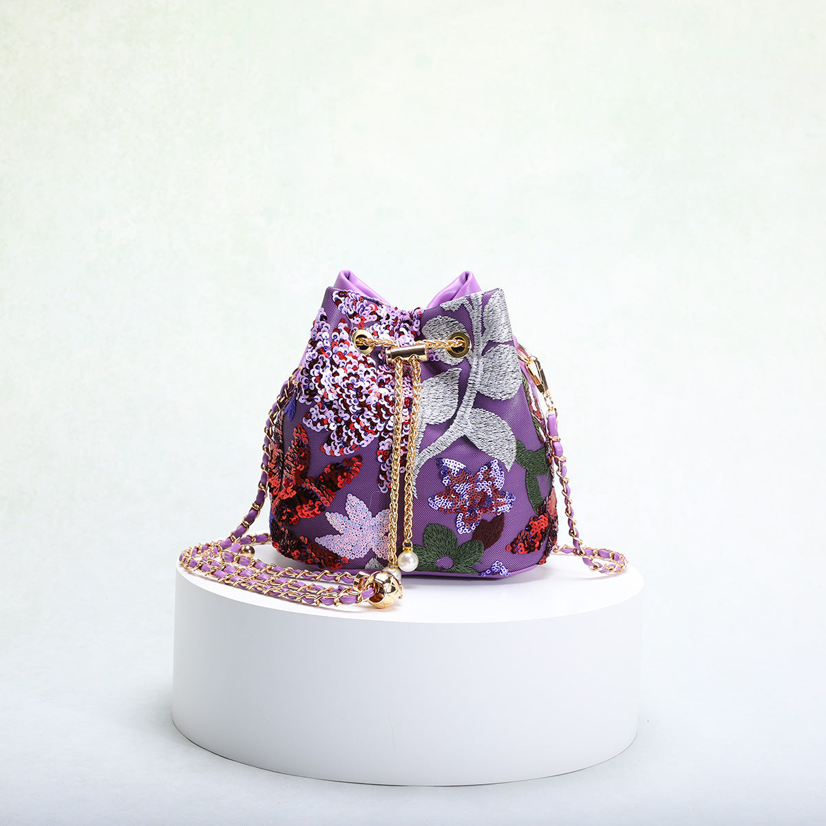 Bucket Bag With Mesh Patchwork Contrasting Colors Drawstring And Chain Strap