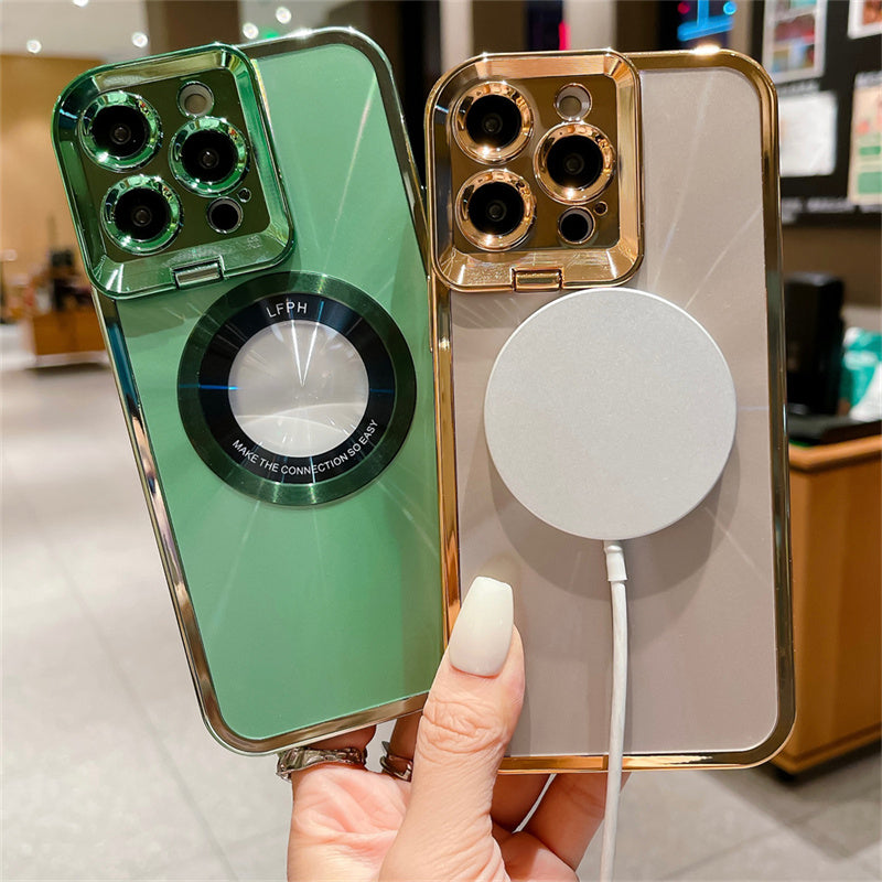 Custodia per telefono elettrolitica con placcatura di lusso, motivo CD, supporto Magsafe per 12, 13 e 14 Pro Max, supporto invisibile per fotocamera, supporto per obiettivo, ventosa magnetica