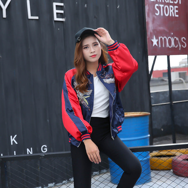 Winter Couple Crane Embroidery Jacket Coat Baseball Uniform
