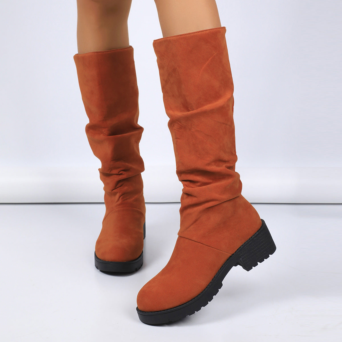 Leopard-print Suede Block-heeled Versatile Pleated Booties