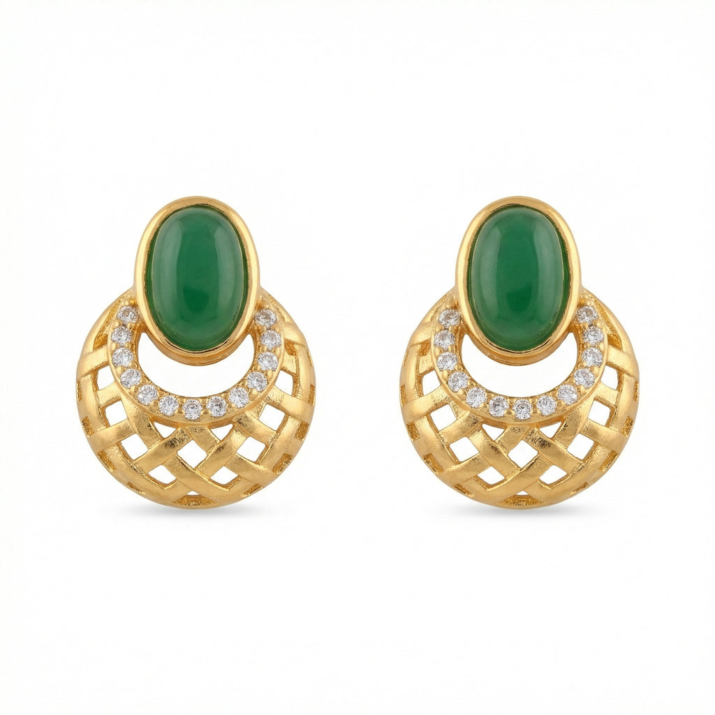 925 Sterling Silver Elegant Oval Green Gemstone Lattice Stud Earrings with Shimmering Accents