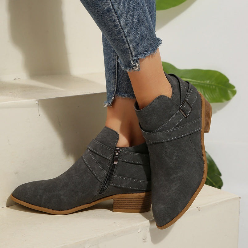 Fashionable Chunky-Heel Leather Belt-Clasp Side-Zip Ankle Boots