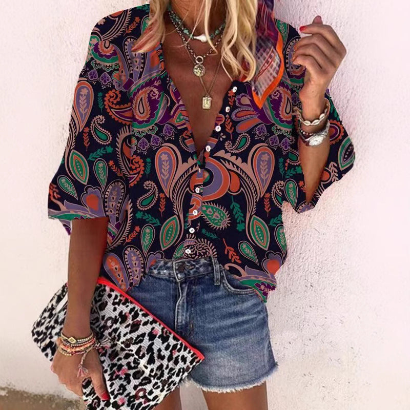 Loose-fit Button-up Retro Print Casual Shirt