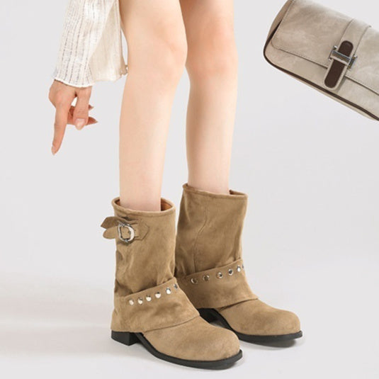 Women's Rivet Pleated Slouch Boots Martin