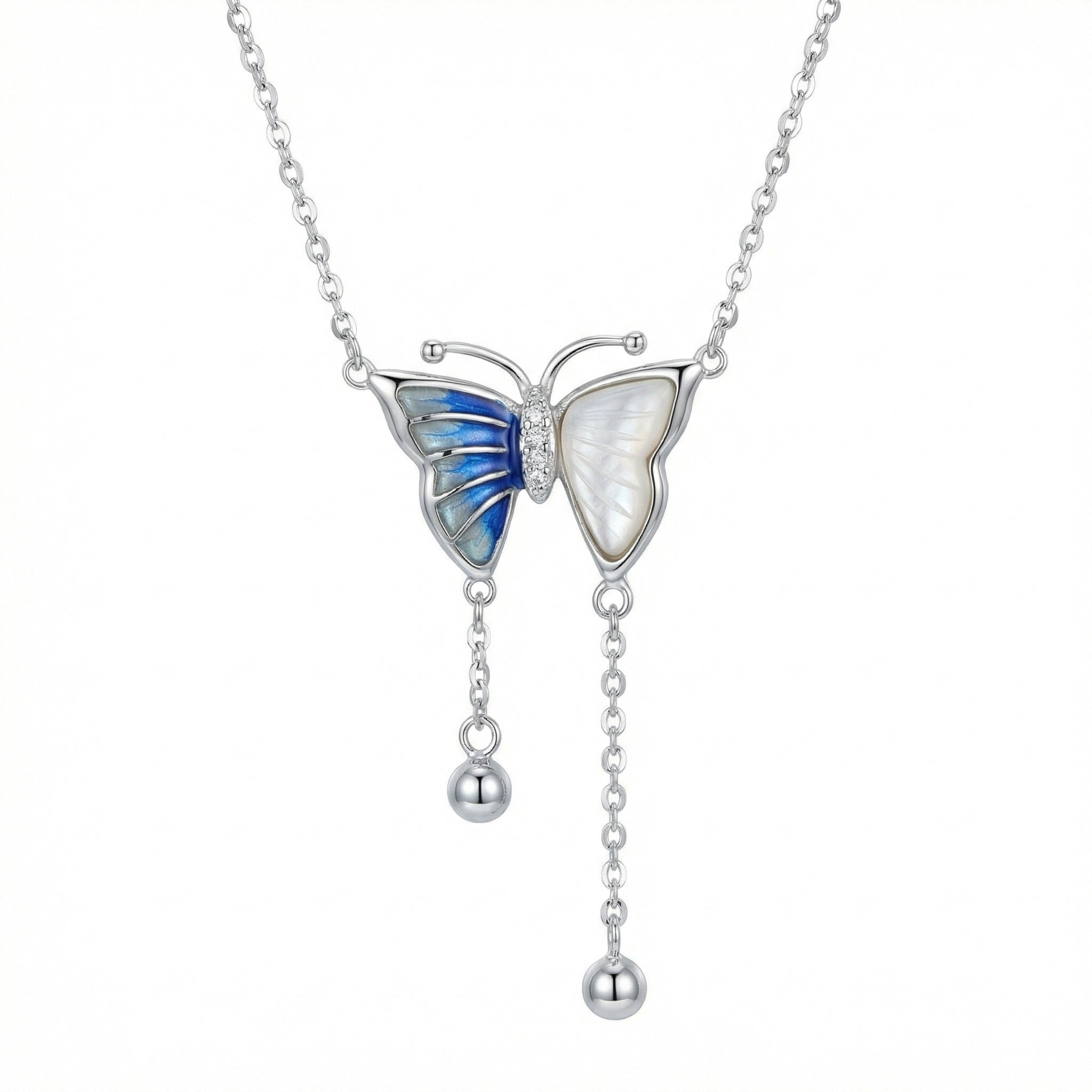 925 Sterling Silver Elegant Silver Butterfly Necklace with Blue Enamel and Mother-of-Pearl Accents
