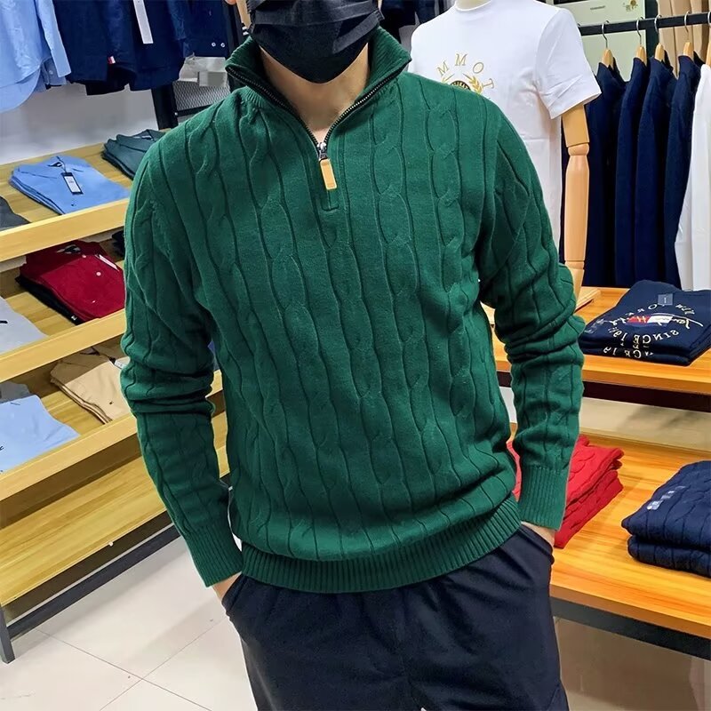 Mens Thermal Knit Top With Half Zip And Long Sleeves