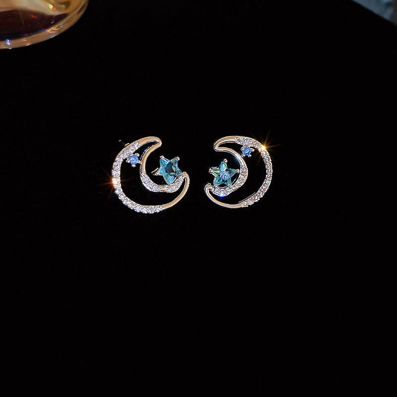 Moon Star Stud Earrings For Women Blue Zircon Crystal Earrings 925 Sterling Silver Needle Cute Celestial Jewelry