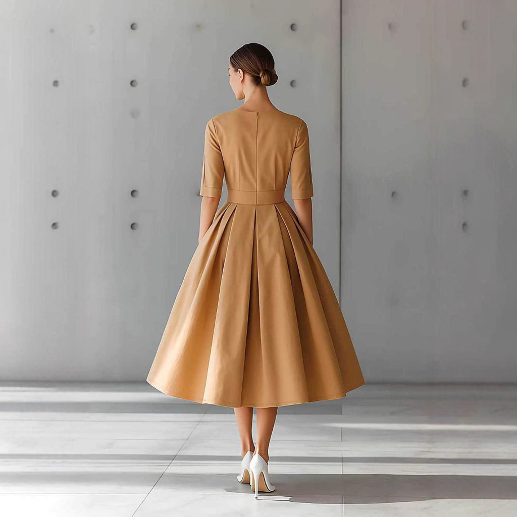 Fashionable Casual Elegant Personality Design Three-quarter Sleeve A-line Solid Color Dress