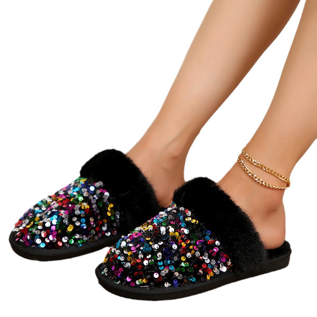 Sequin Flat Plush Slippers For Women