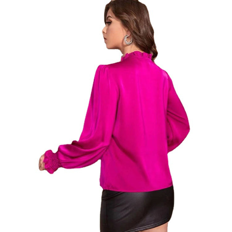 Women's Elegant Solid Color Round Neck Long Sleeve Tie Straight Shirt