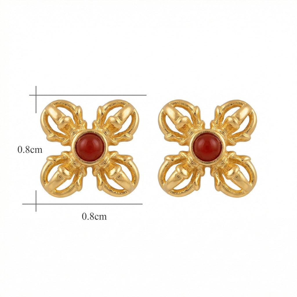 925 Sterling Silver Ornate Gilded Double Vajra Stud Earrings with Vibrant Red Gemstone Accents