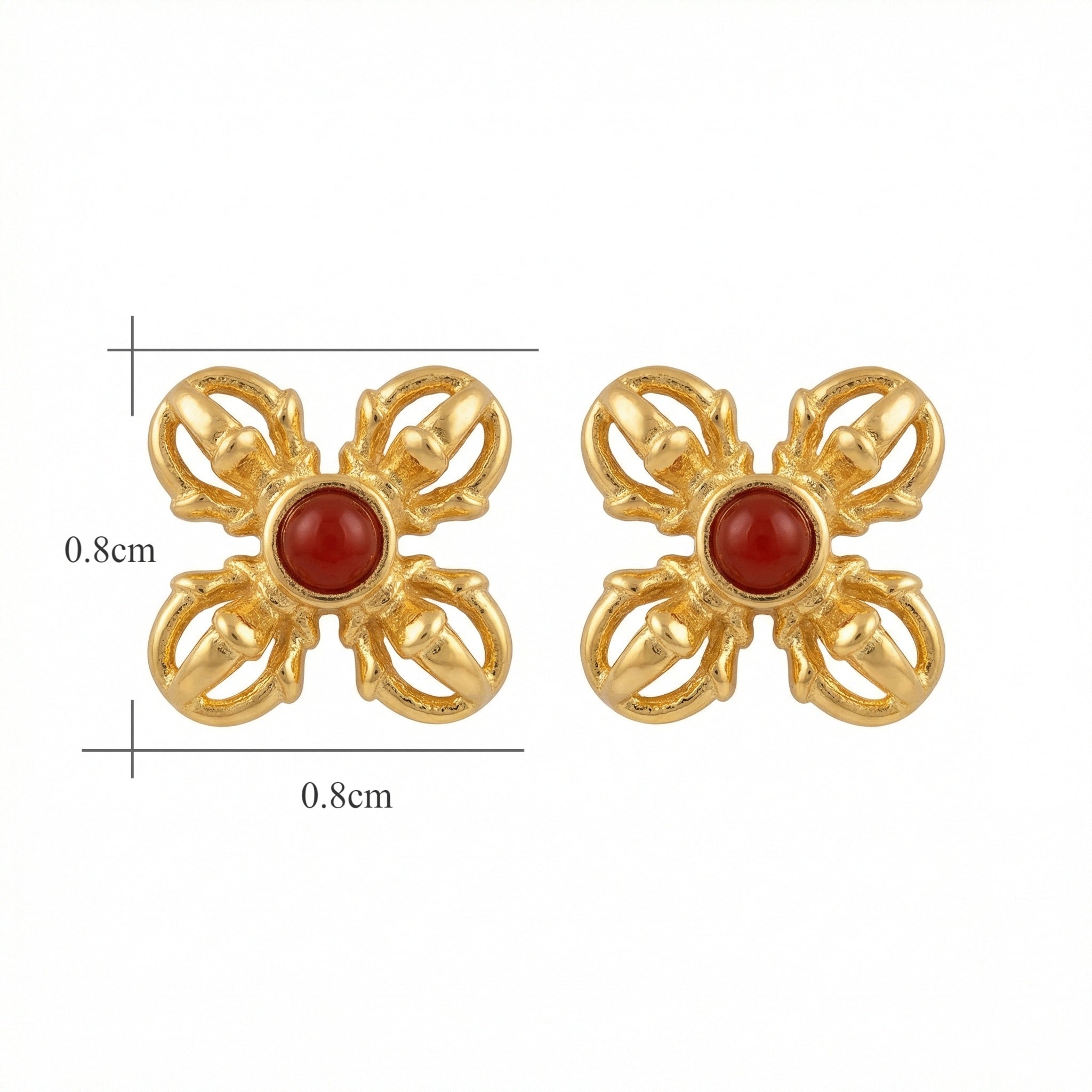 925 Sterling Silver Ornate Gilded Double Vajra Stud Earrings with Vibrant Red Gemstone Accents