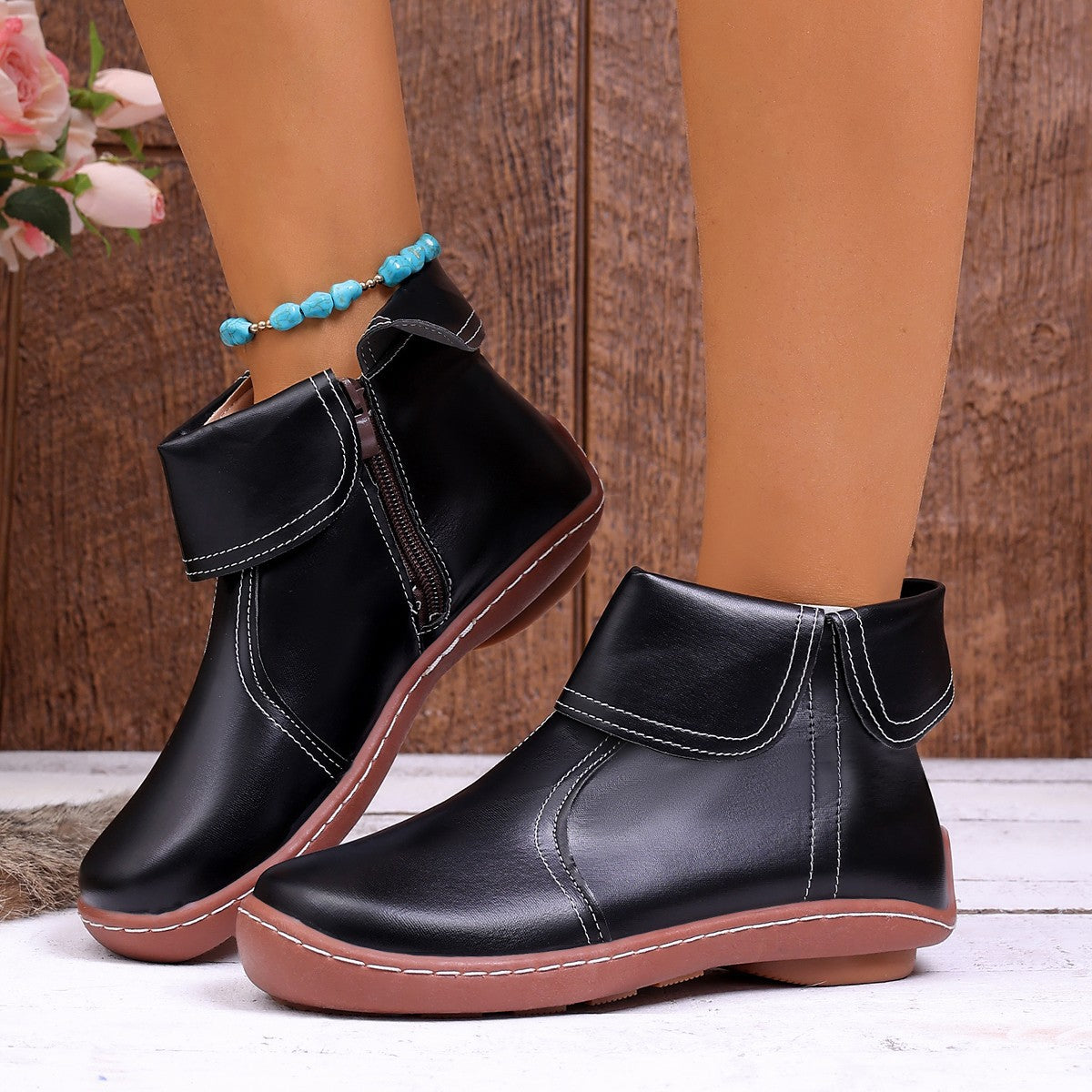 Round-Toe Side-Zip Short-Boot Martin Boots With Stitched Edges