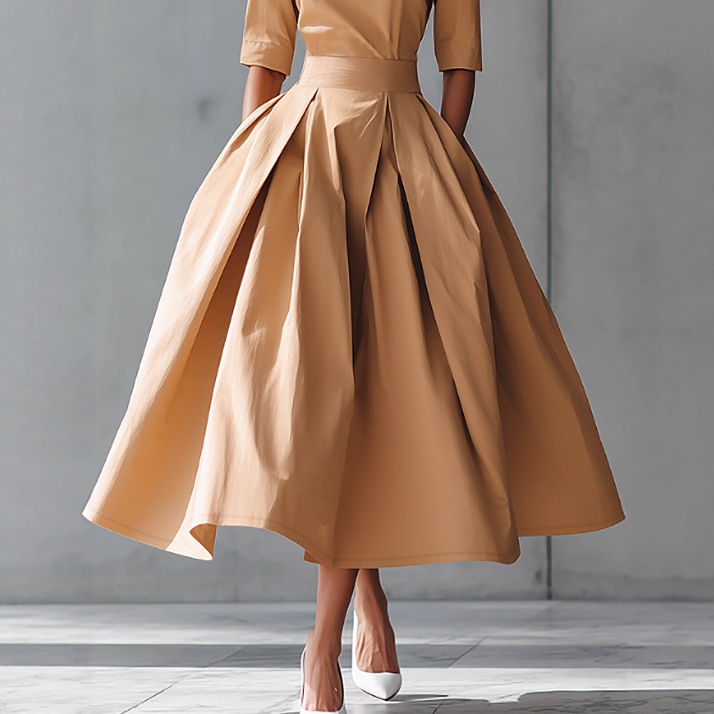 Fashionable Casual Elegant Personality Design Three-quarter Sleeve A-line Solid Color Dress