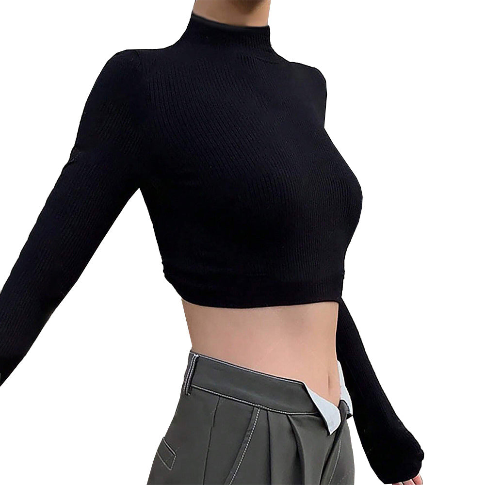 Semi-high Neck Slim-fit T-shirt Backless Sexy Design Short Long-sleeved Top