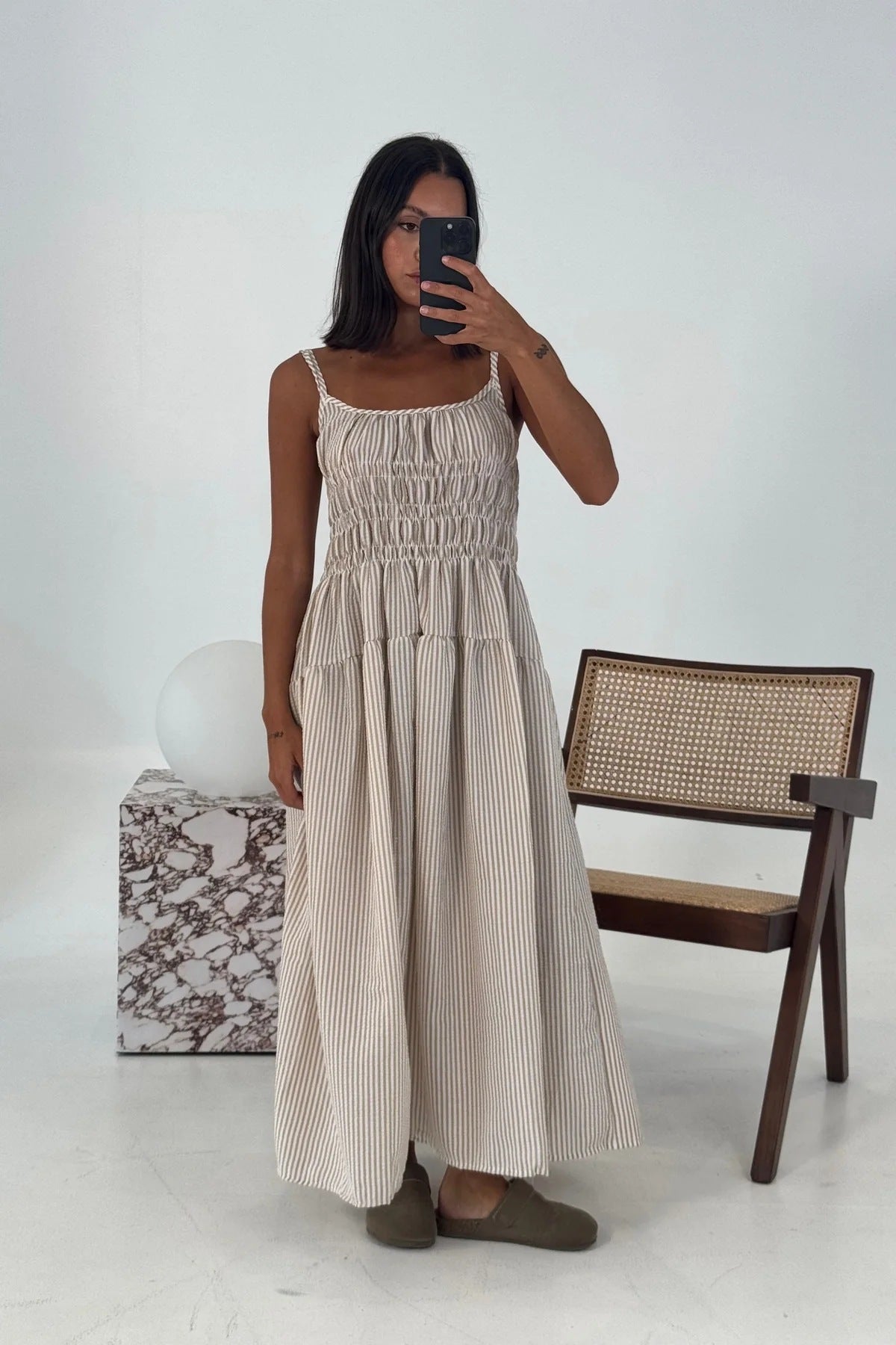 Women's Striped Strappy Waist-Cinching Slimming Dress