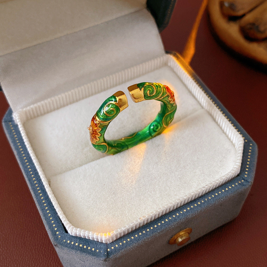 Vintage Floral Ring Green Enamel Statement Ring Retro Diamond Pearl Flower Ring For Women Fashion Jewelry