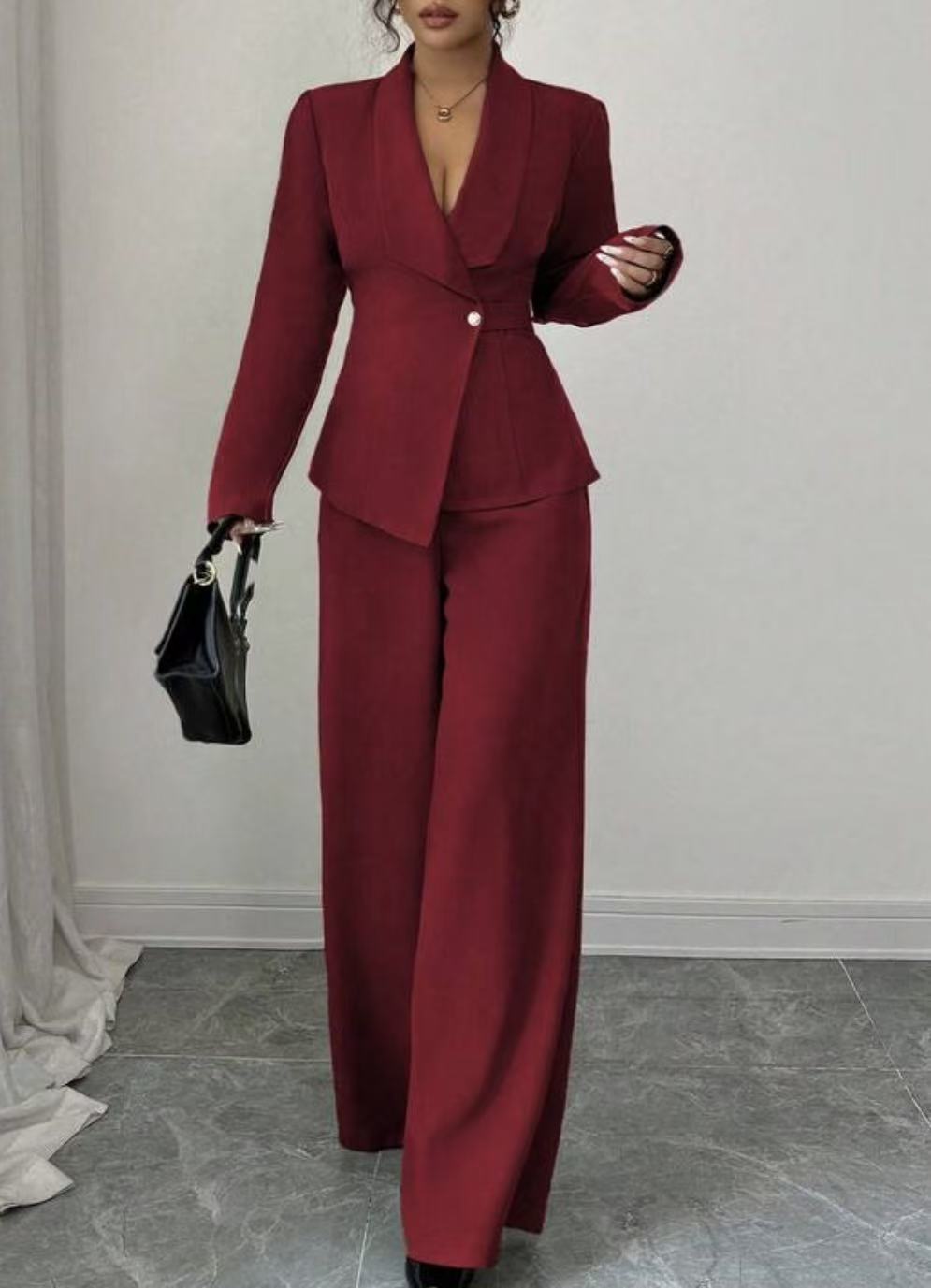 Solid-color Long-sleeve Straight-leg Pants Set For Women