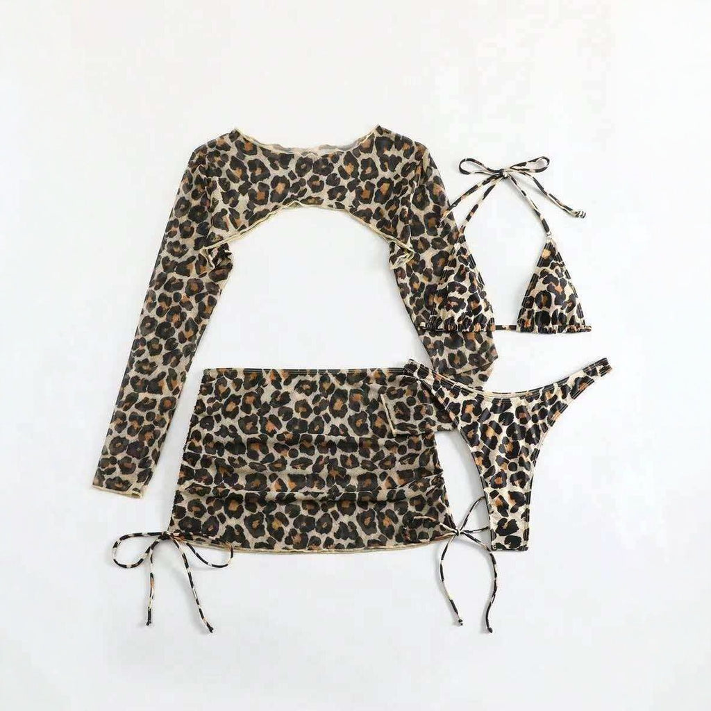 European And American Leopard-Print Lace-Up Sexy Two-Piece Four-Piece Swimsuit