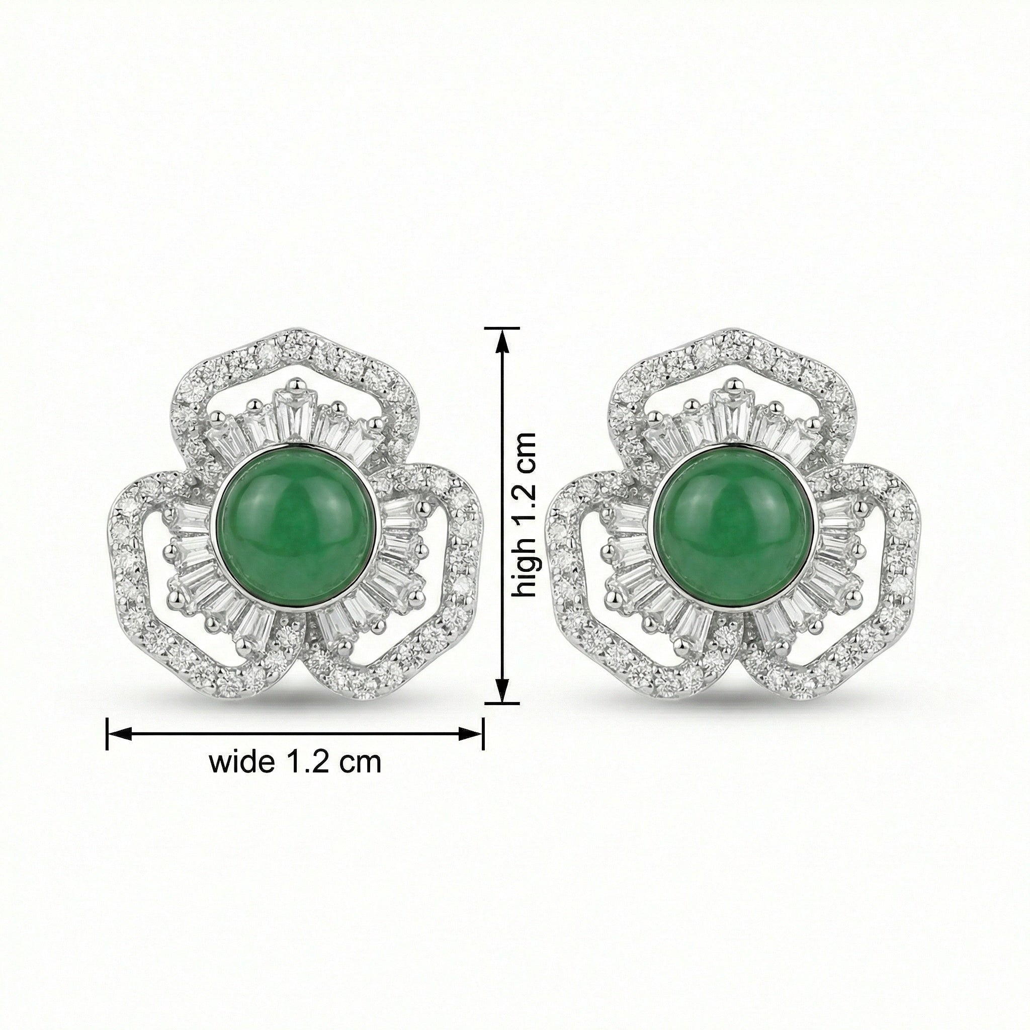 925 Sterling Silver Elegant Green Gemstone Flower Stud Earrings with Shimmering Baguette and Round Accents