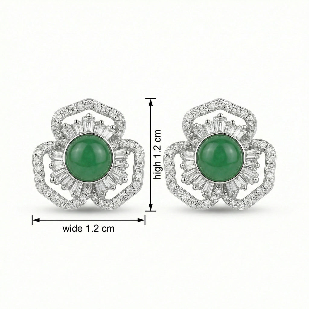 925 Sterling Silver Elegant Green Gemstone Flower Stud Earrings with Shimmering Baguette and Round Accents