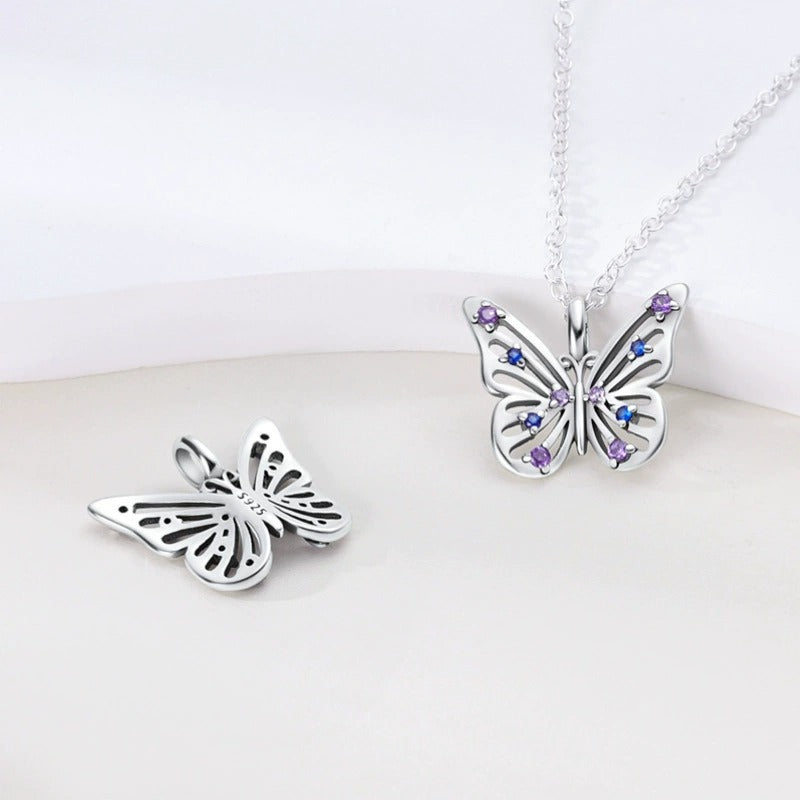 S925 Sterling Silver Colorful Zircon Butterfly Necklace Simple And Versatile