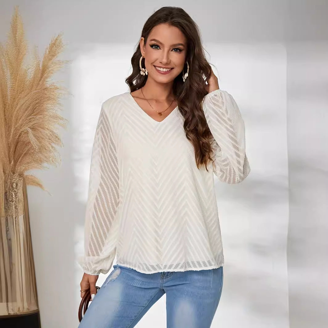 Women's Fashion V-Neck Geometric Jacquard Lantern Long Sleeve Shirt