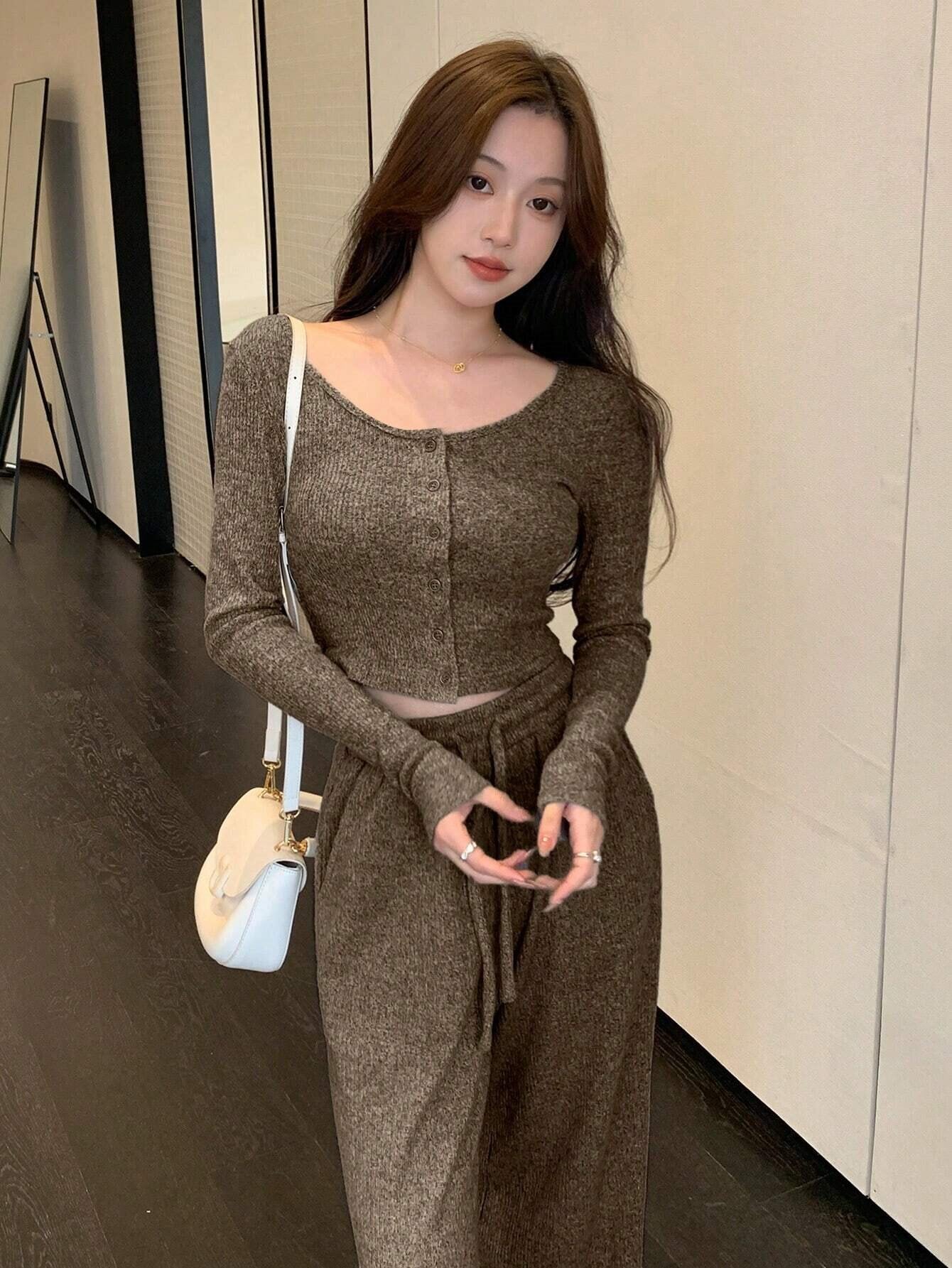 Women's Wide-leg Pants Autumn And Winter Straight High-waisted Drape Drawstring Casual Set