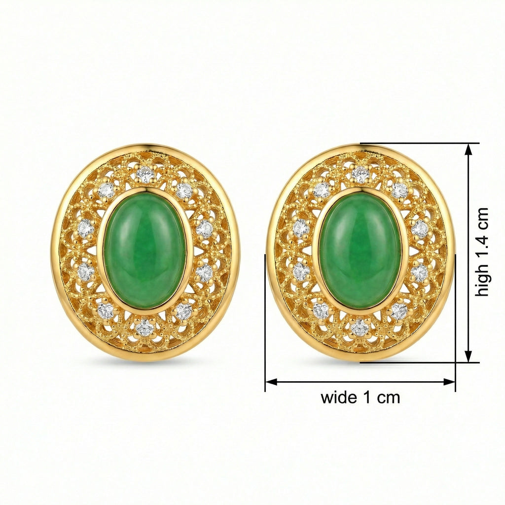 925 Sterling Silver Elegant Green Jadeite-Inspired Filigree Stud Earrings with Sparkling Diamond-Like Accents and Ornate Detailing