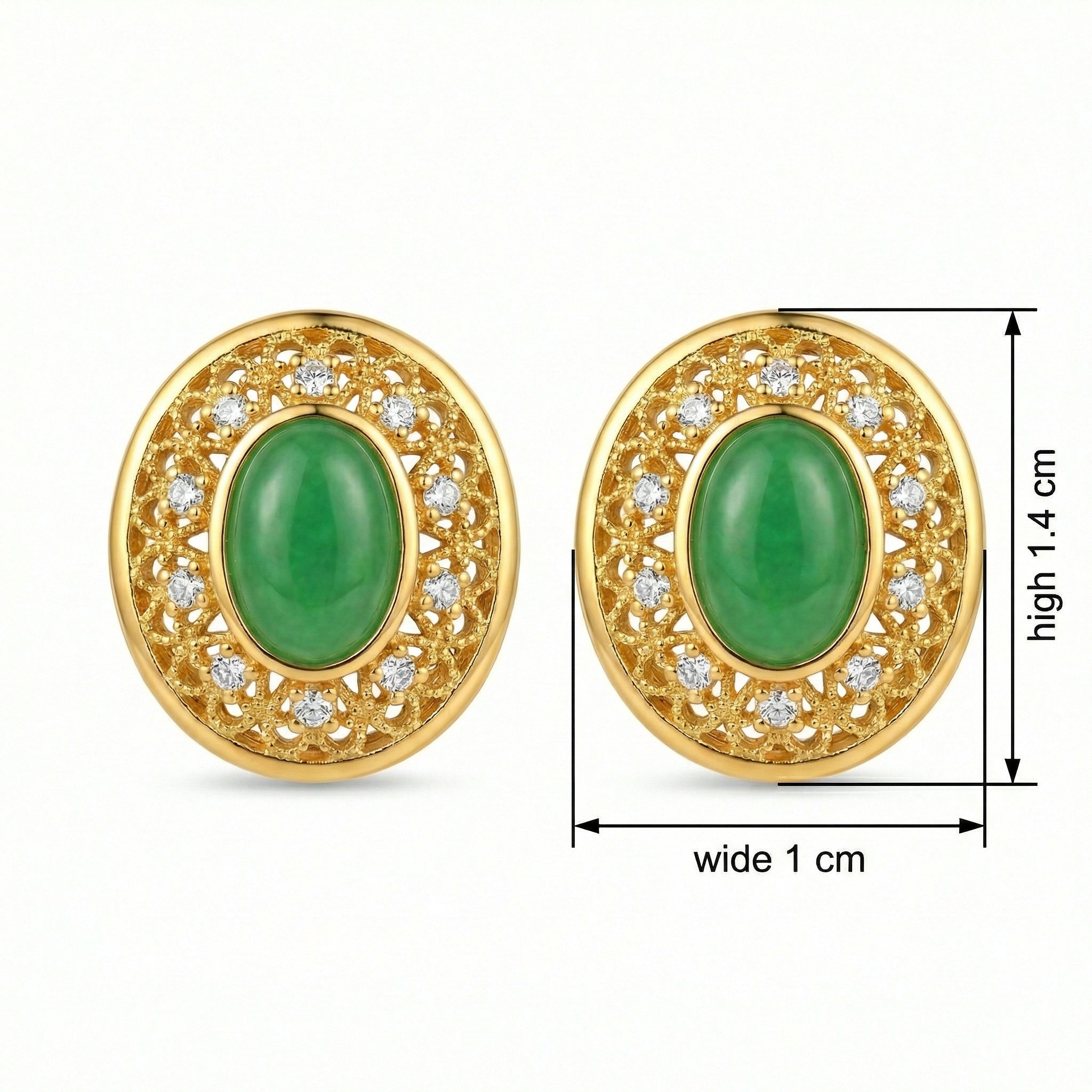 925 Sterling Silver Elegant Green Jadeite-Inspired Filigree Stud Earrings with Sparkling Diamond-Like Accents and Ornate Detailing