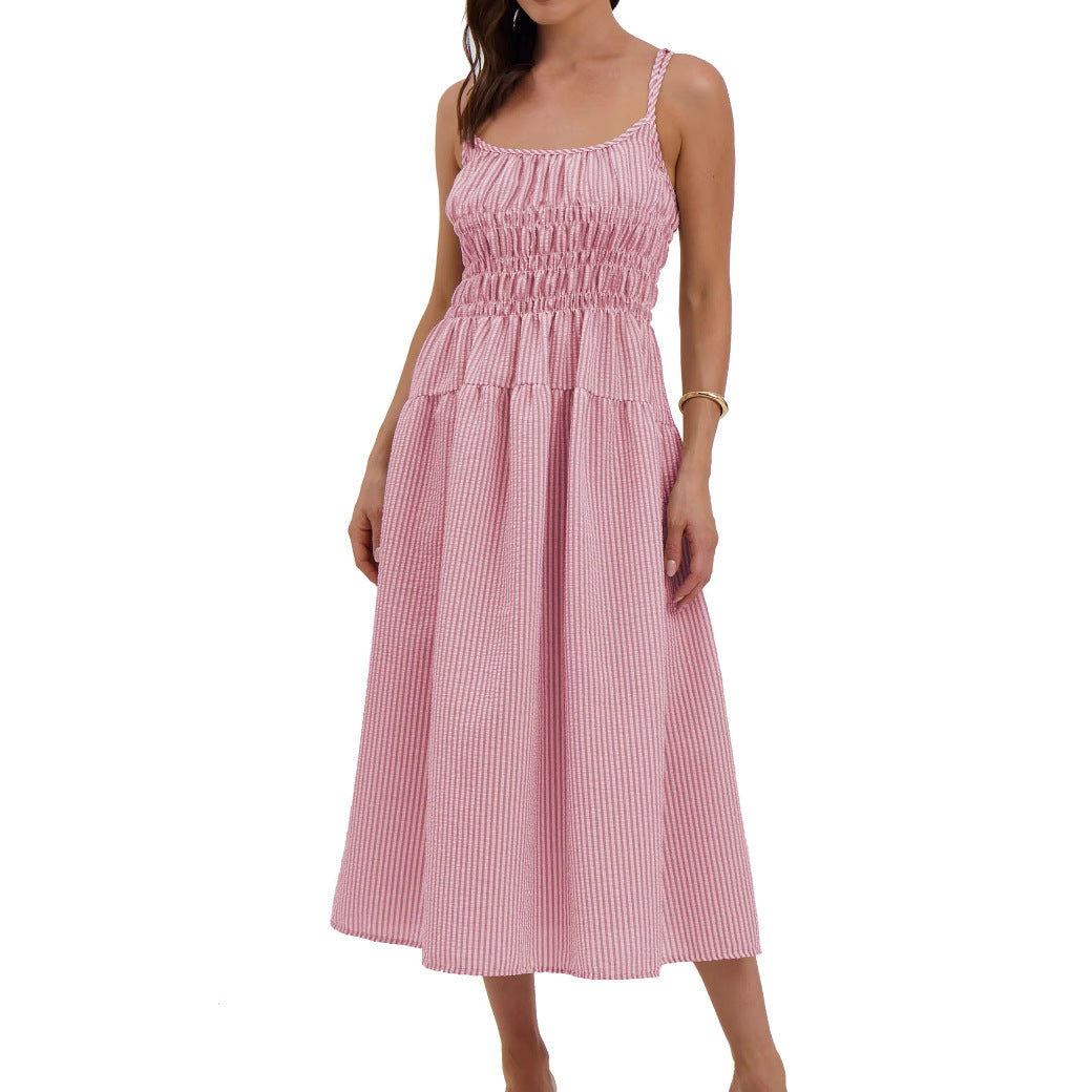 Women's Striped Strappy Waist-Cinching Slimming Dress